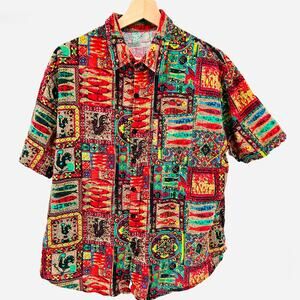 Vintage 90s Red Green Fish Novelty Print Cotton Button Up Boxy Shirt